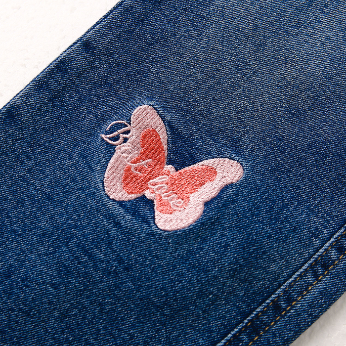 Girls Jeans, Ribbed Elastic Waist Embroidered Denim Pants