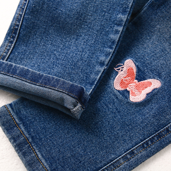 Girls Jeans, Ribbed Elastic Waist Embroidered Denim Pants