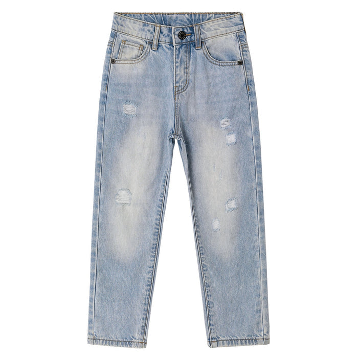 Girls Straight Jeans,Elastic Band Inside Ripped Denim Pants