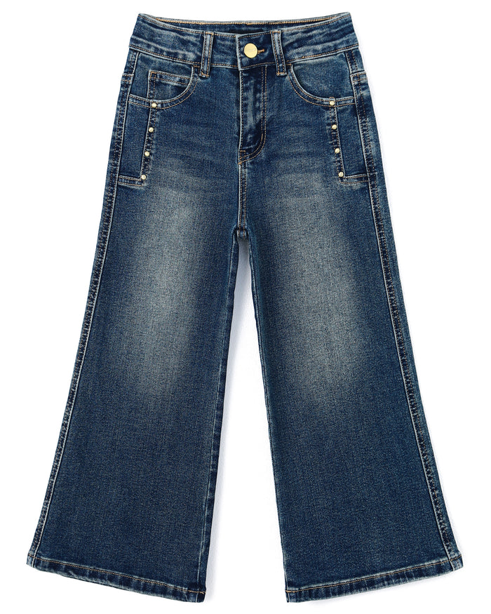 Girls Wide-Leg Jeans,Baggy Stretchy Denim Pants with Metal Rivet Decoration
