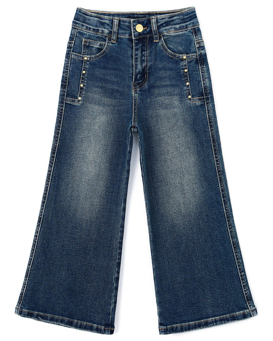 Girls Wide-Leg Jeans,Baggy Stretchy Denim Pants with Metal Rivet Decoration