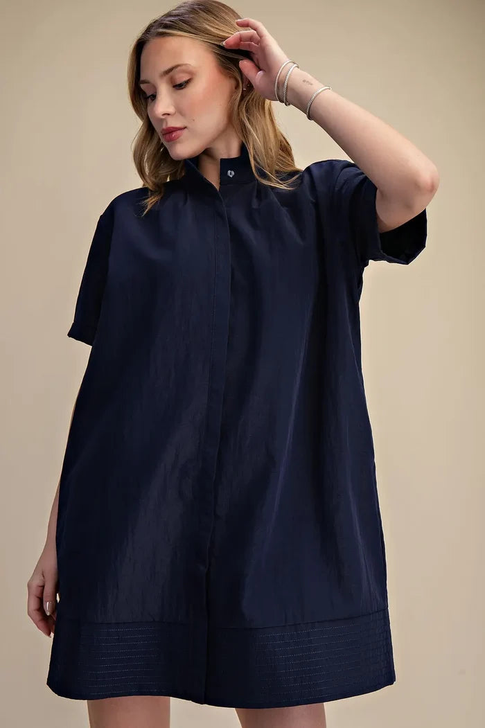 Glam Stand Collar Button Down Mini Dress