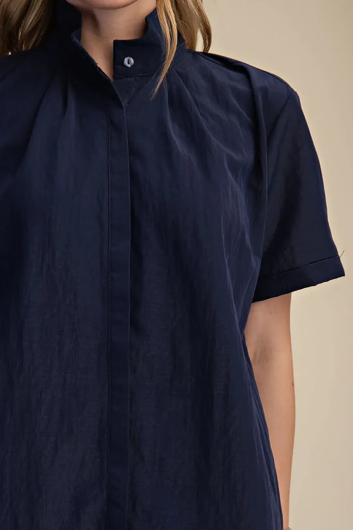 Glam Stand Collar Button Down Mini Dress