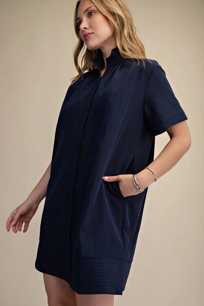 Glam Stand Collar Button Down Mini Dress