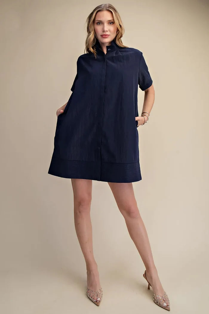 Glam Stand Collar Button Down Mini Dress