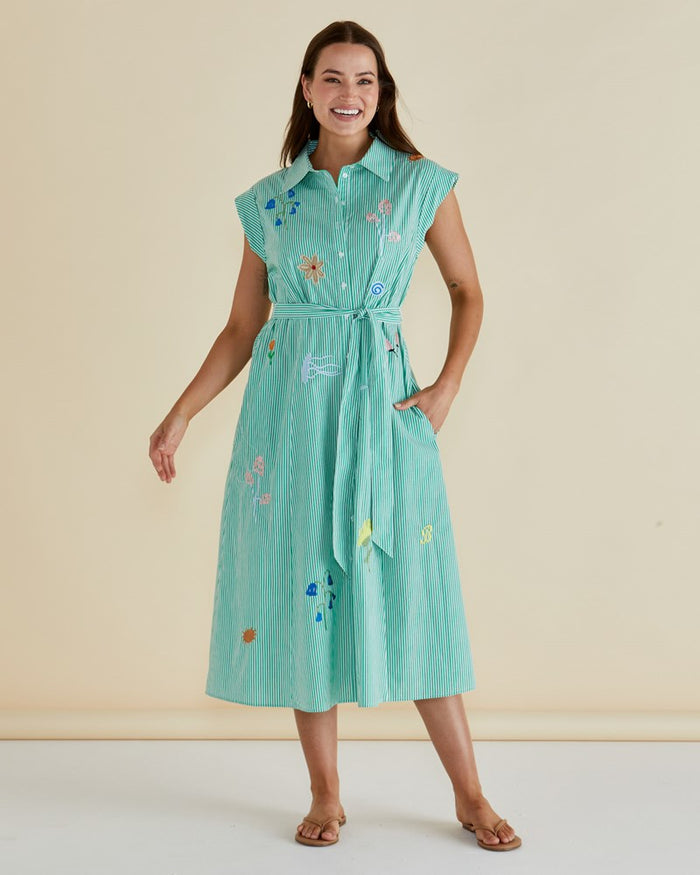 Gloria Floral Dress - Green Stripe