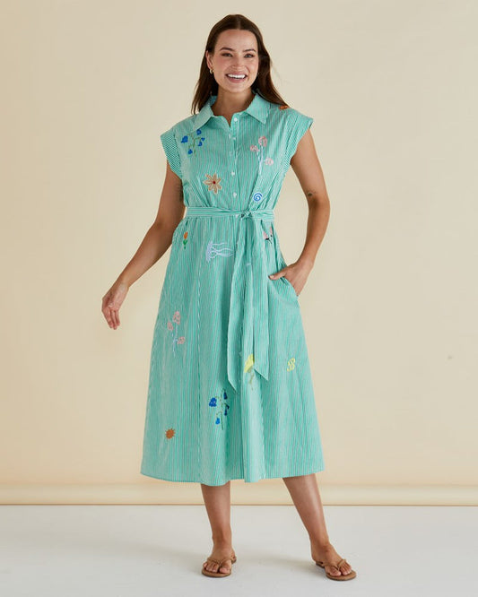 Gloria Floral Dress - Green Stripe