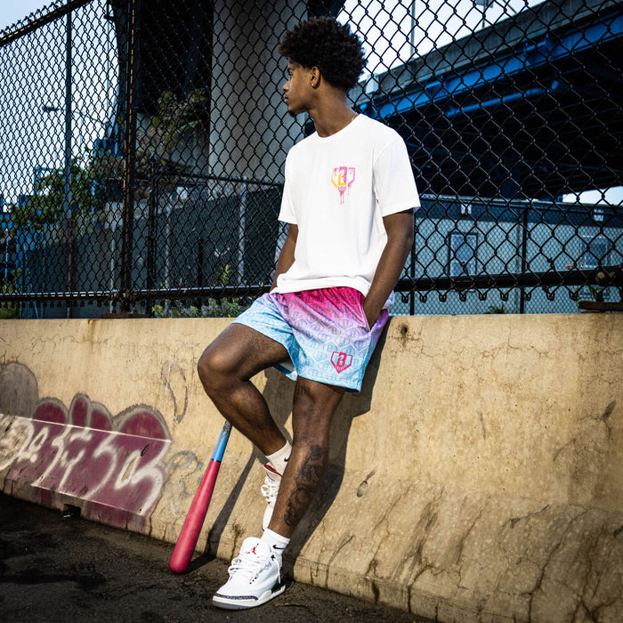 Adult model wearing multi-color Gradient Cotton Candy shorts