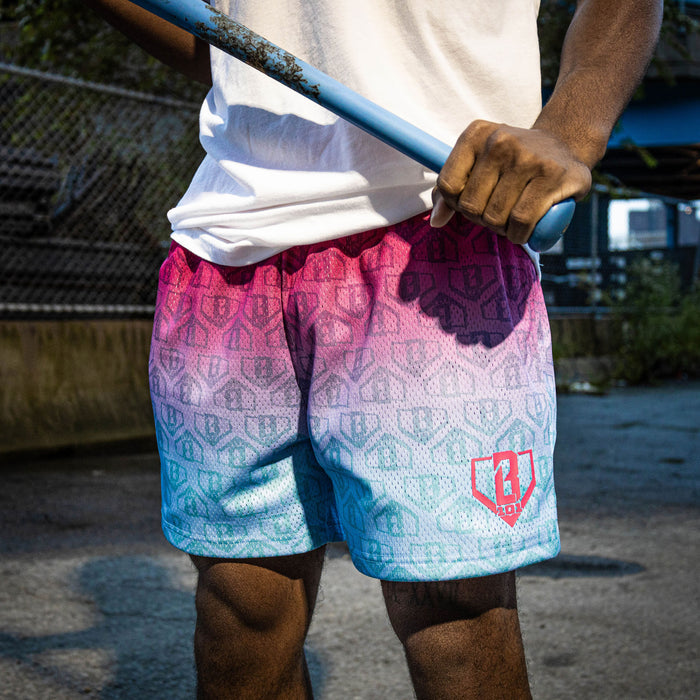 Adult model wearing multi-color Gradient Cotton Candy shorts