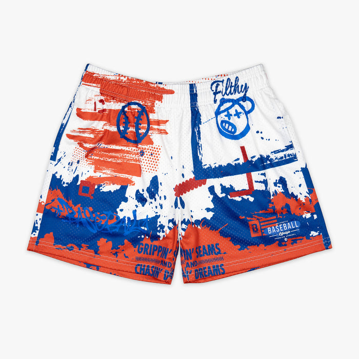 Adult model wearing multi-color Graffiti USA shorts