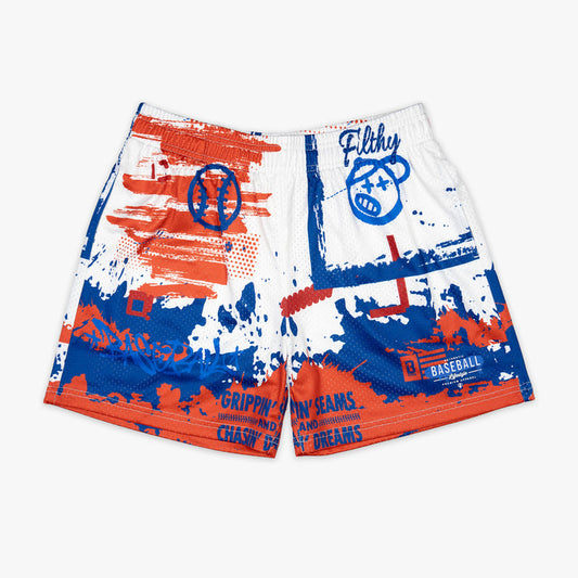 Adult model wearing multi-color Graffiti USA shorts