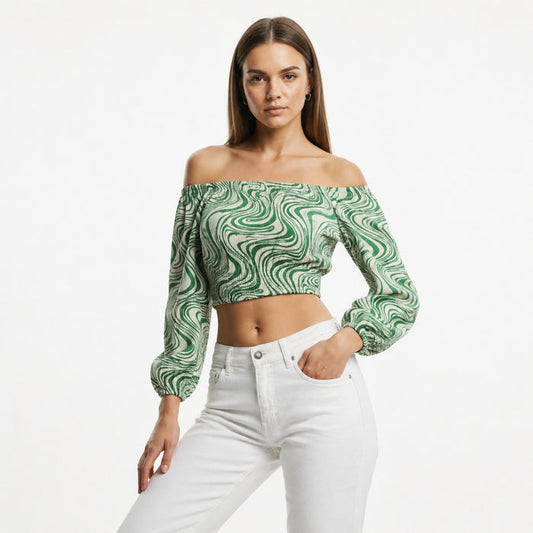 Green Swirl Off-Shoulder Crop Top