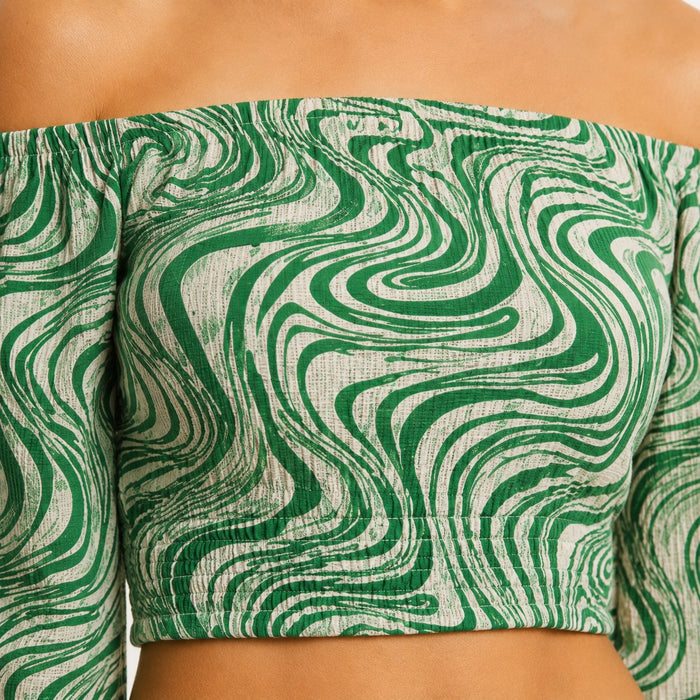 Green Swirl Off-Shoulder Crop Top