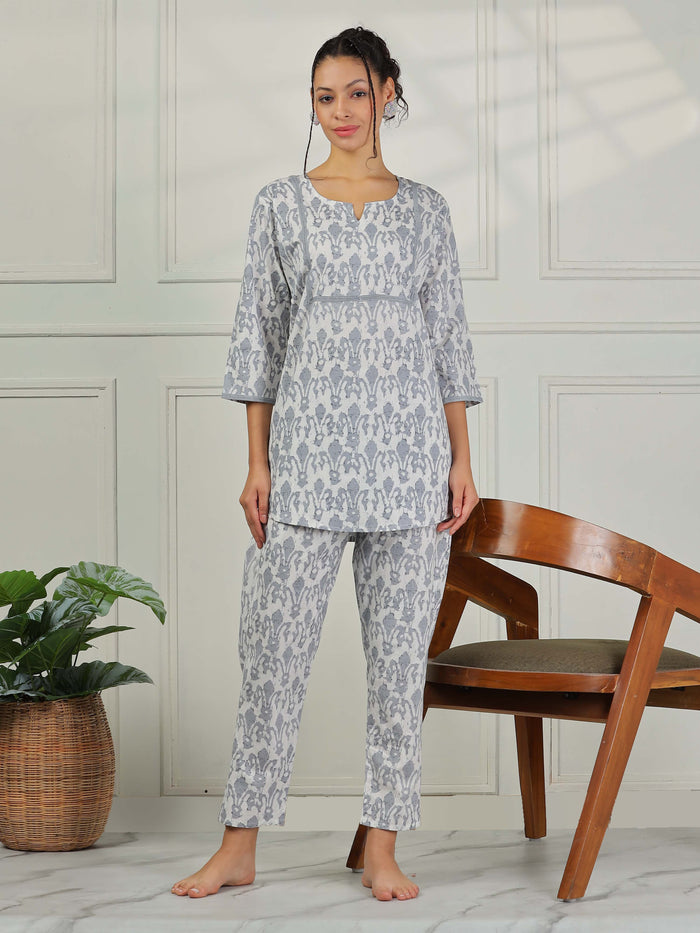 Stylish Grey Cotton Pajama Set For Women