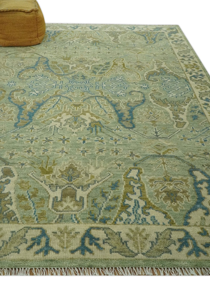 Hand Knotted Green, Olive and Teal Traditional Dragon Oushak Design Custom Made wool rug