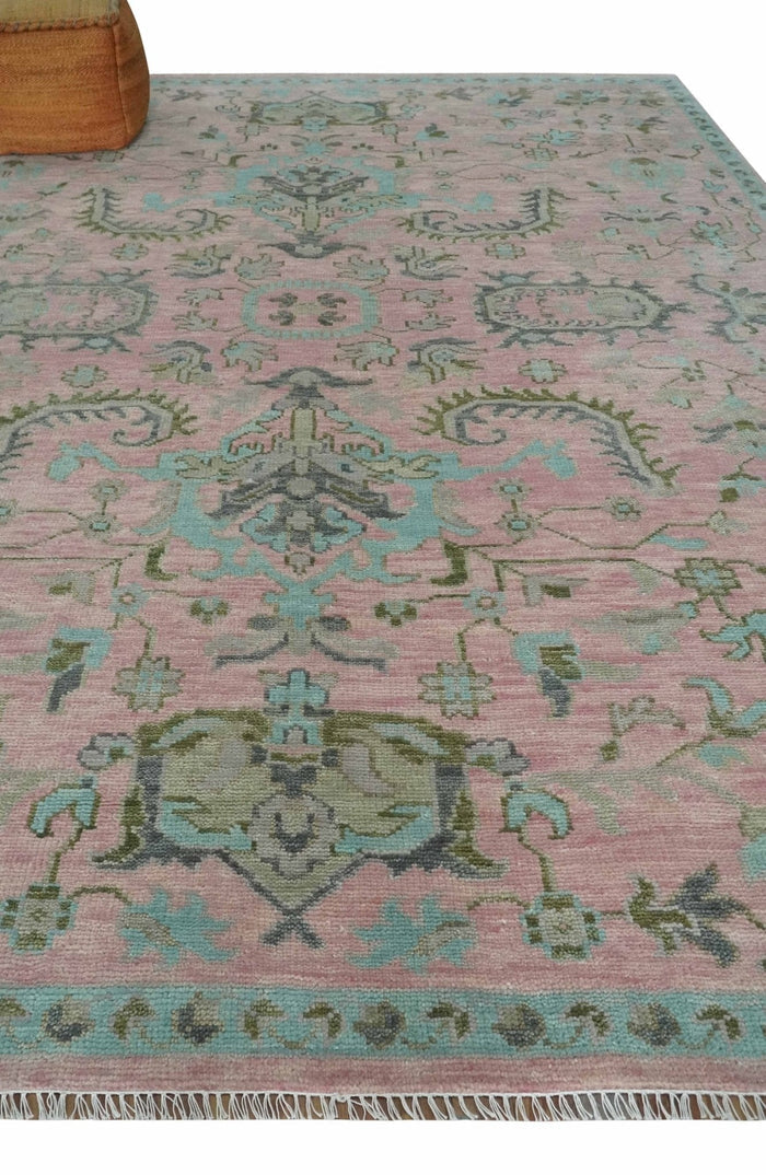 Hand Knotted Pink and Aqua Oriental Oushak Multi Size Traditional Wool Area Rug, Living Room and Bedroom Rug