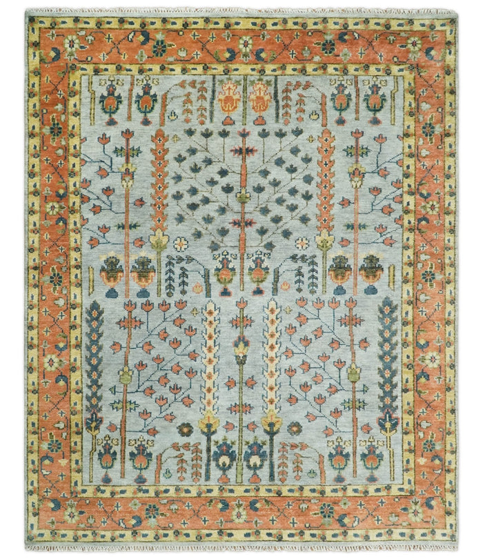 Hand Knotted Tree of Life Rust and Blue Traditional Turkish Design Wool Rug