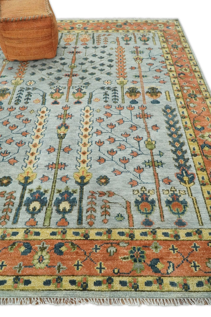 Hand Knotted Tree of Life Rust and Blue Traditional Turkish Design Wool Rug