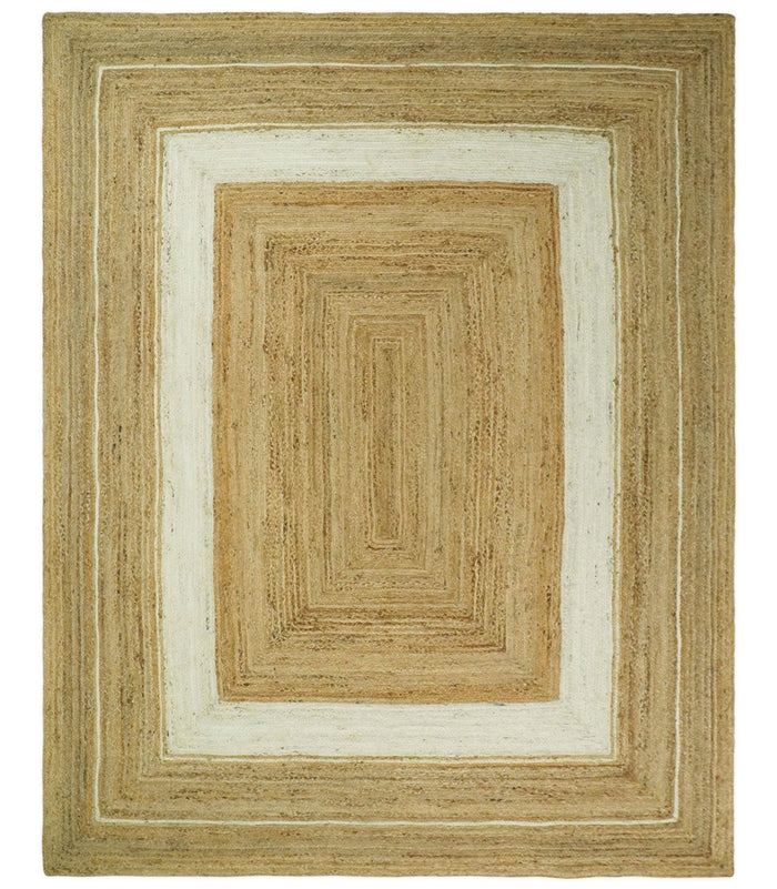 Hand Woven Natural Fiber White and Brown Natural Jute Rug