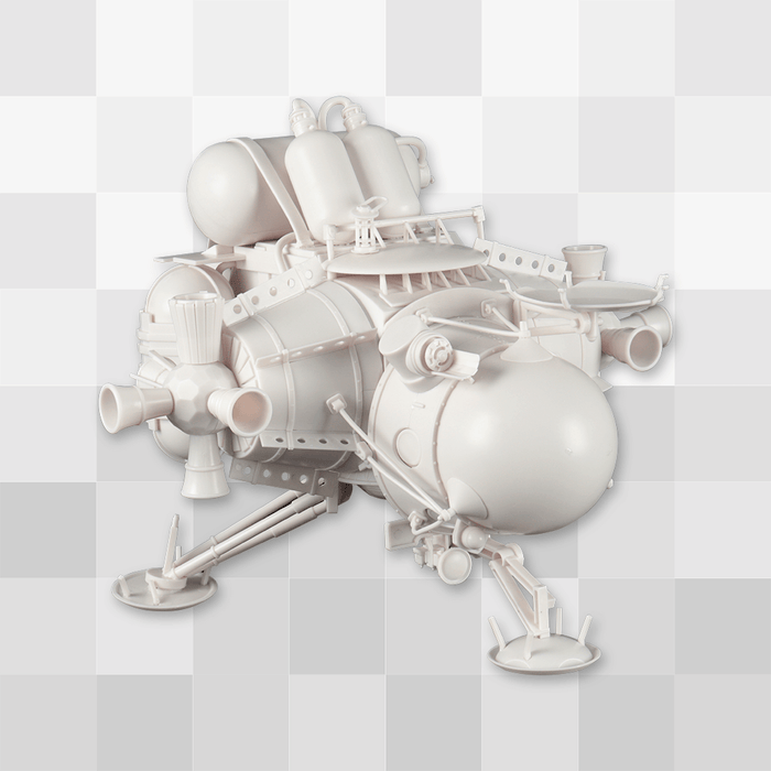 A completed, unpainted scale model of the Hearthian Lander from Outer Wilds.