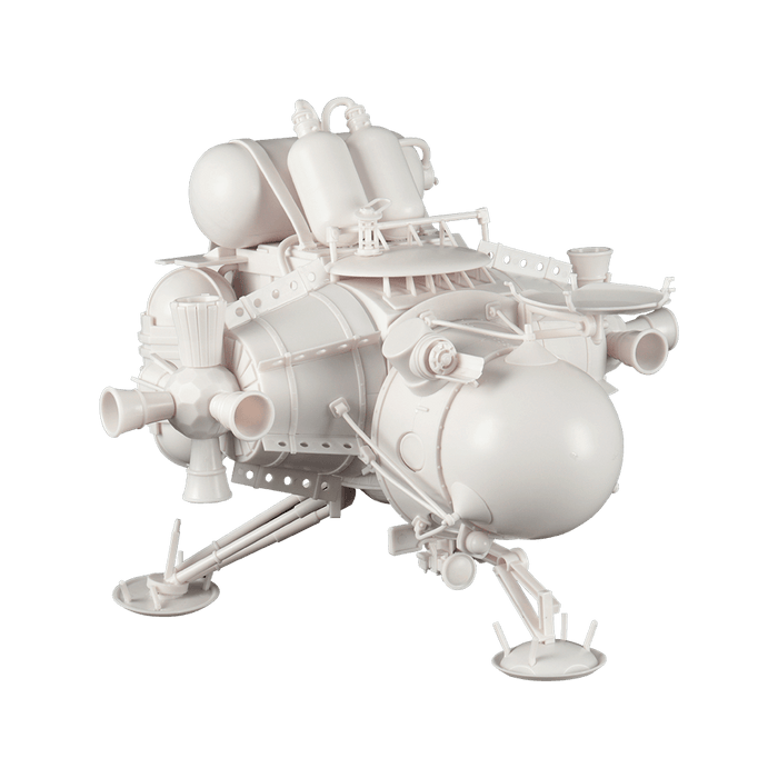 A completed, unpainted scale model of the Hearthian Lander from Outer Wilds.