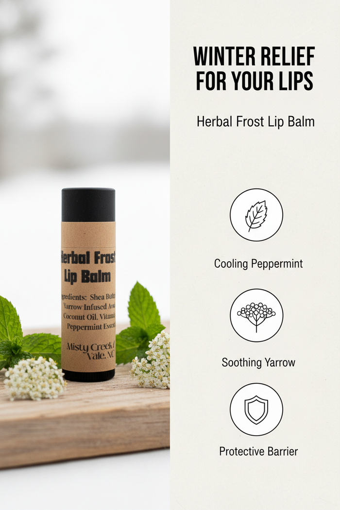 Herbal Frost Lip Balm with ingredients listed on a blurred natural background