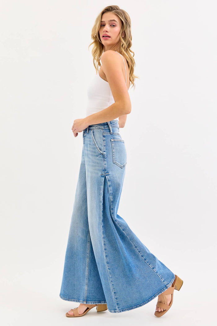 High Rise Wide Leg Jean with Side Triangular Tuck
