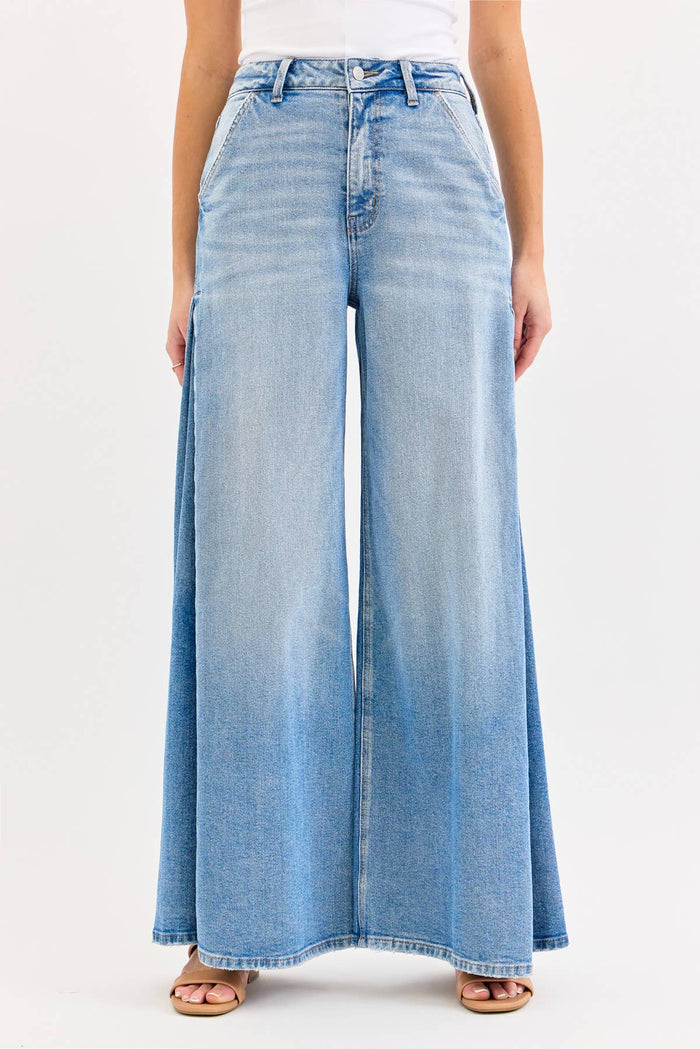 High Rise Wide Leg Jean with Side Triangular Tuck