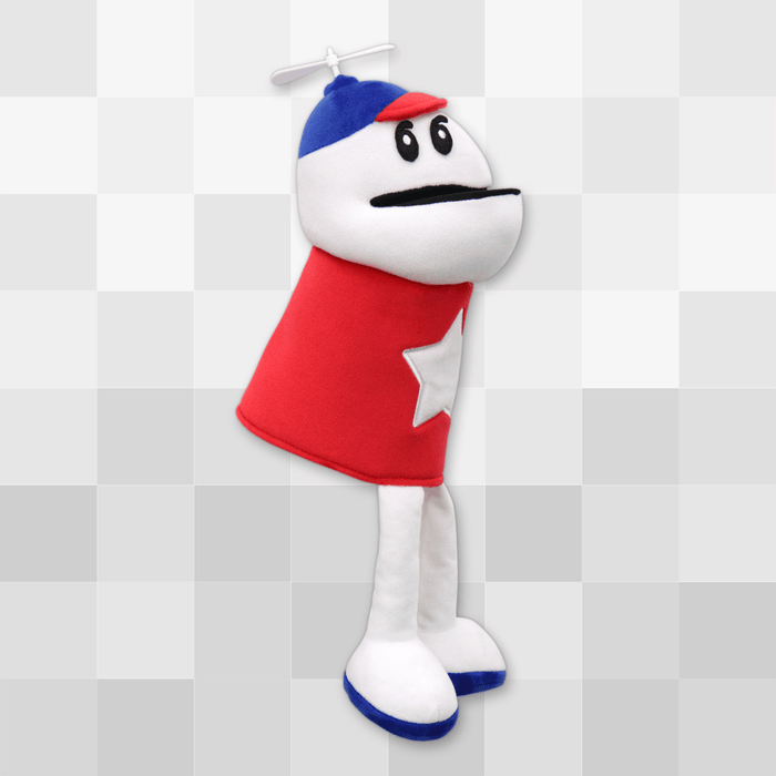 A Homestar Runner puppet plush against a gray background. This official plush has legs, movable eyes, and a spinning beanie propeller.