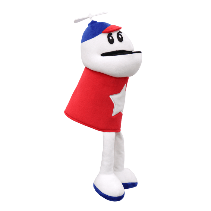 A Homestar Runner puppet plush against a transparent background. This official plush has legs, movable eyes, and a spinning beanie propeller.