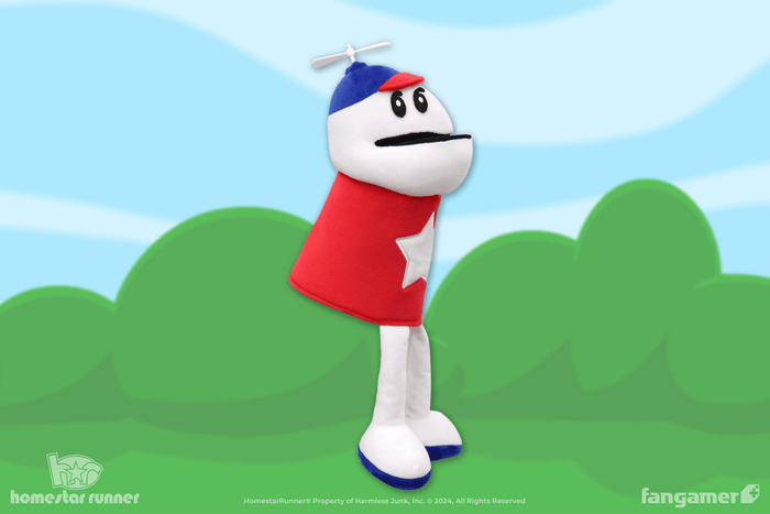 A Homestar Runner puppet plush against a Homestar-style background of green and blue. This official plush has legs, movable eyes, and a spinning beanie propeller.