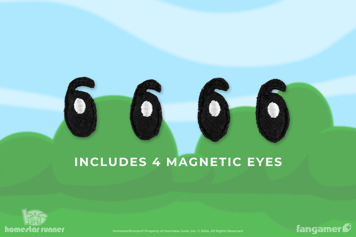The Homestar Runner plush includes four magnetic eyes, so that it can be puppeteered from either side or straight on.