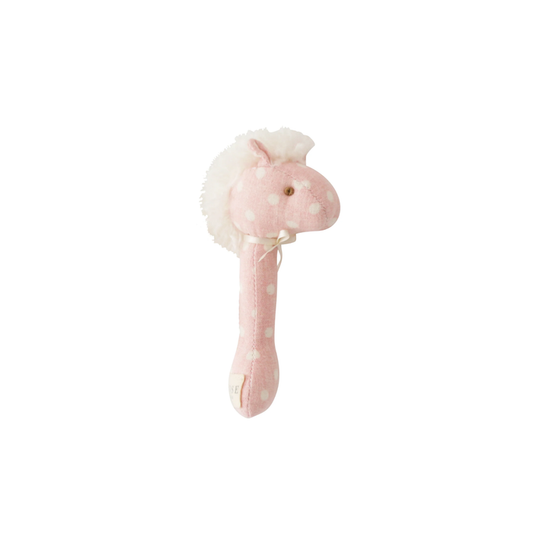 Pink polka-dot horse stick rattle with soft white mane and ribbon bow