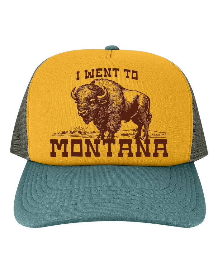 Funny bison trucker hat with "I Went To Montana" slogan by The Coin Laundry, featuring a mesh back and bold embroidered design.
