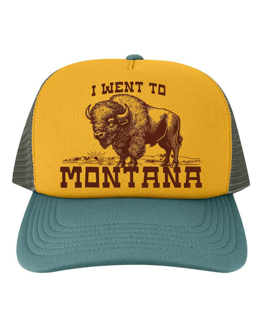 Funny bison trucker hat with "I Went To Montana" slogan by The Coin Laundry, featuring a mesh back and bold embroidered design.