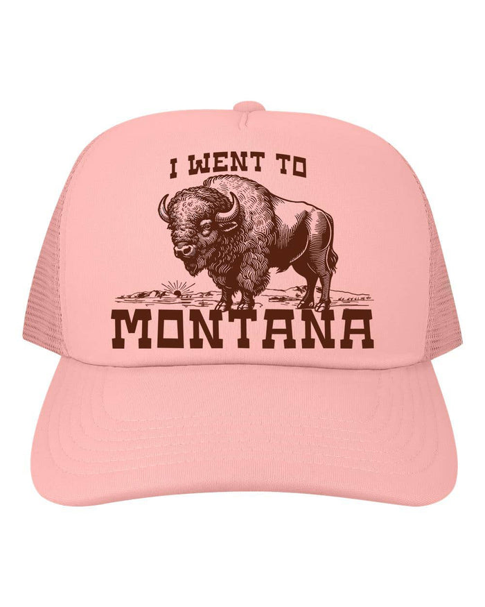 Funny bison trucker hat with "I Went To Montana" embroidered design, adjustable mesh back, by The Coin Laundry.