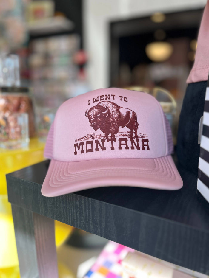 Funny Montana bison trucker hat by The Coin Laundry with embroidered bison design on mesh back and adjustable strap