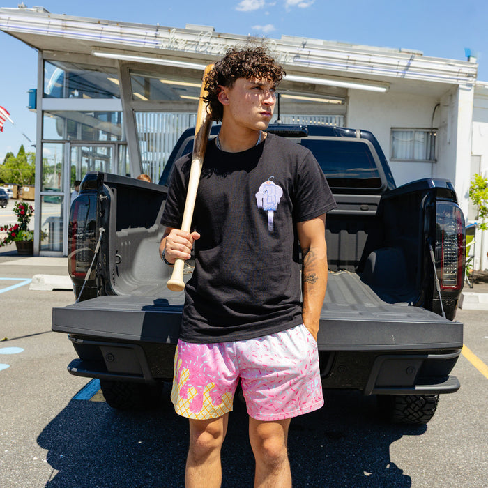 Adult model wearing ice Cream Frosted shorts