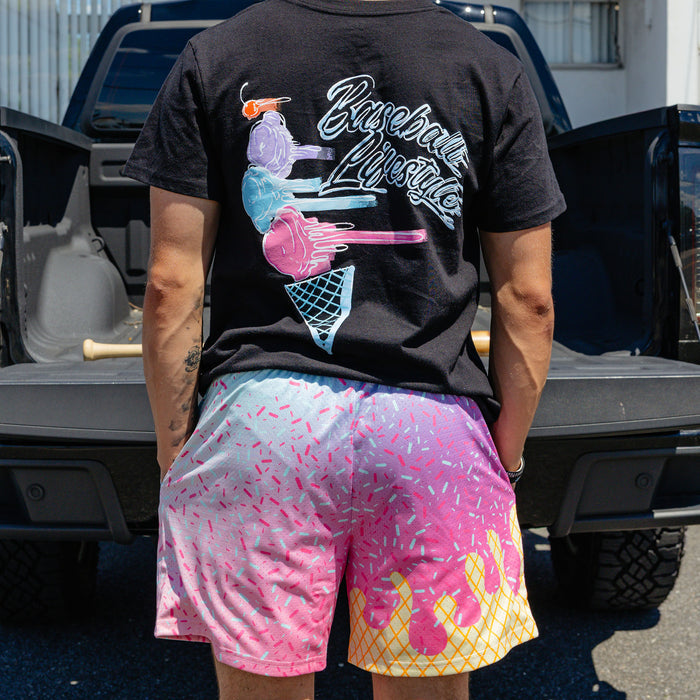 Adult model wearing ice Cream Frosted shorts