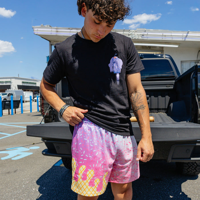 Adult model wearing ice Cream Frosted shorts