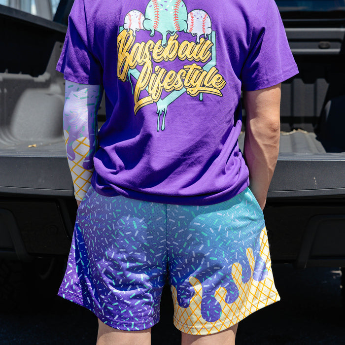 Adult model wearing ice Cream Galaxy Grape shorts