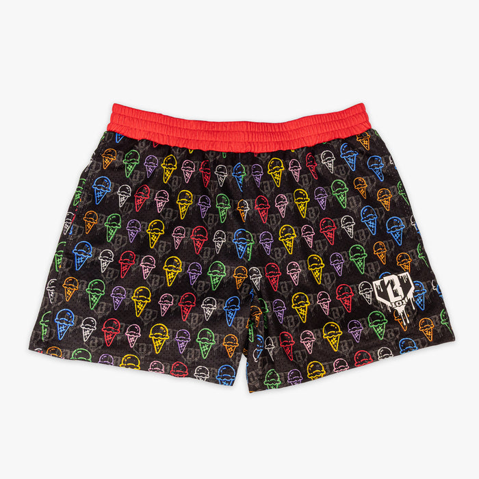 Black Ice Cream Scoops youth shorts — front view