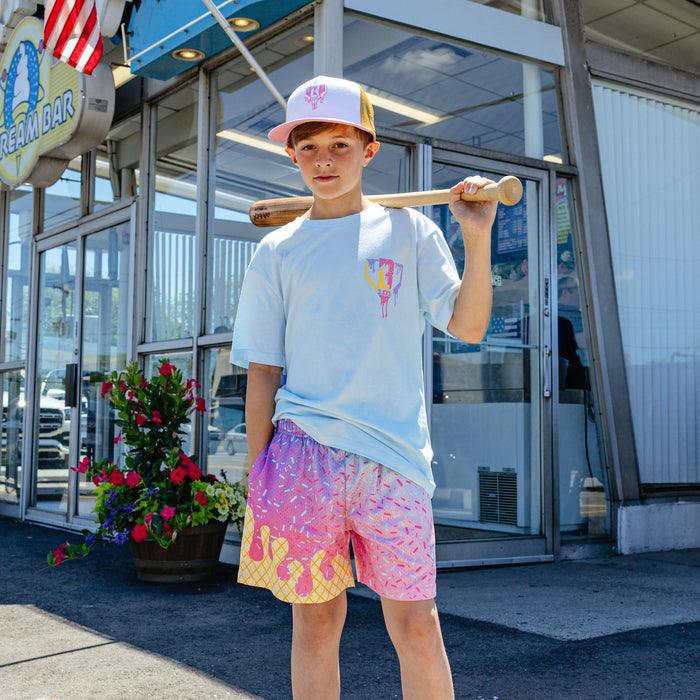 Youth model wearing ice Cream Frosted youth shorts