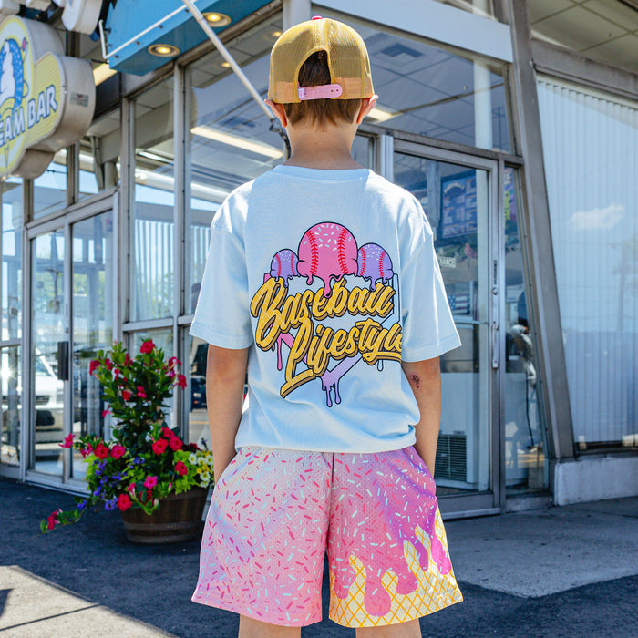 Youth model wearing ice Cream Frosted youth shorts