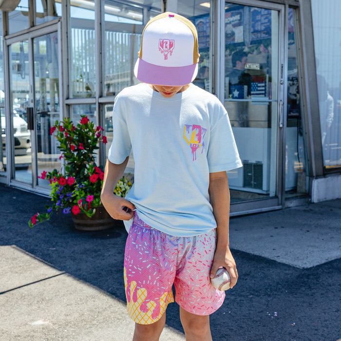 Youth model wearing ice Cream Frosted youth shorts