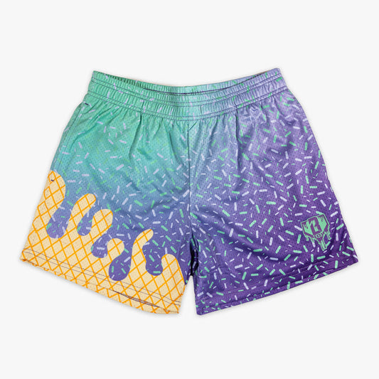 Youth model wearing ice Cream Galaxy Grape youth shorts