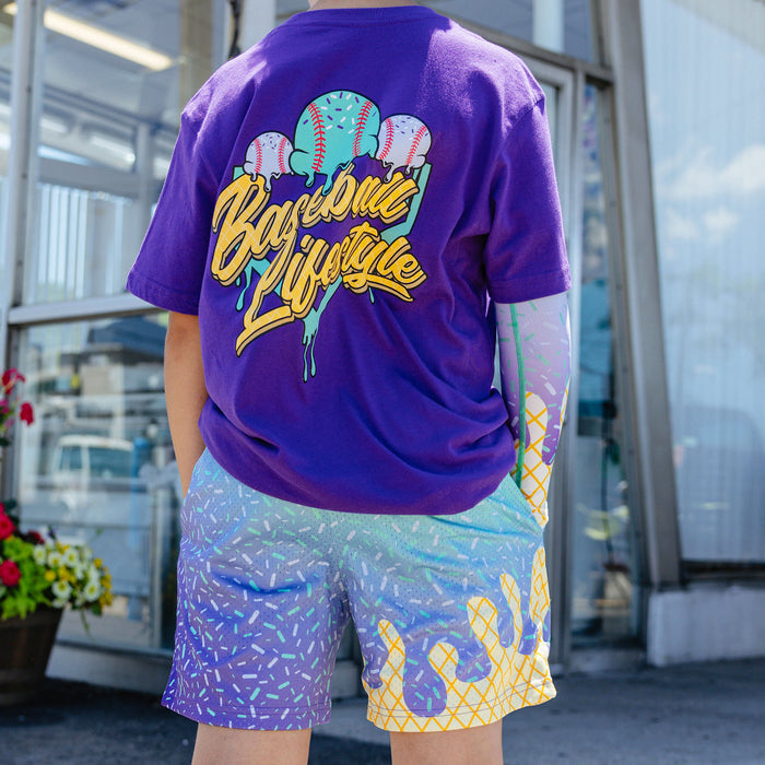 Youth model wearing ice Cream Galaxy Grape youth shorts