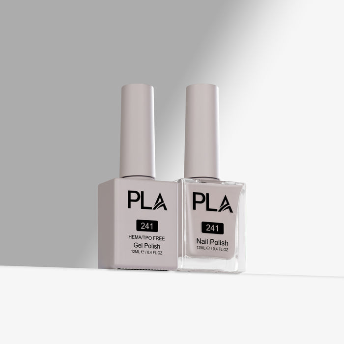 Two bottles of PLA nail polish on a gray background