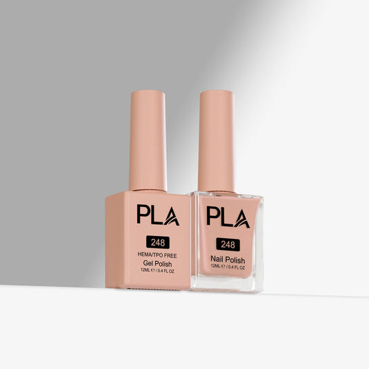 Two bottles of PLA nail polish on a gray background