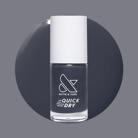 Inkling quick dry gel polish bottle with deep cool charcoal swatch on matching gray background